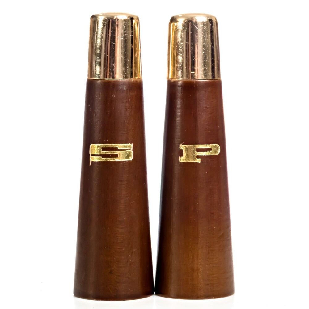Vintage MCM Salt & Pepper Shaker Set Tapered Wood Metal Atomic Table Leg - Nice